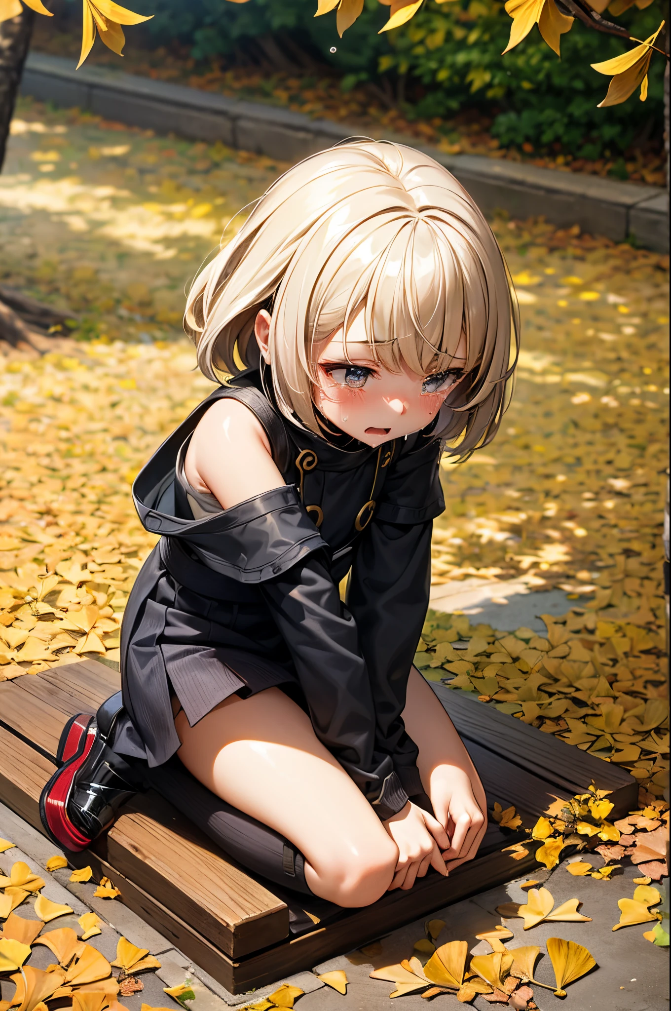 realistically、(15 year old girl)、Street fashion、Dynamic close-up looking up from under the ginkgo tree、Beautiful autumn leaves、exposed bare shoulders、Kneeling position,Emphasis on rubbing eyes with hands,Emphasis on rubbing tears,teardrop,Emphasis on crying and convulsing expressions,Emphasis on people coming and going, shaking and looking at her,