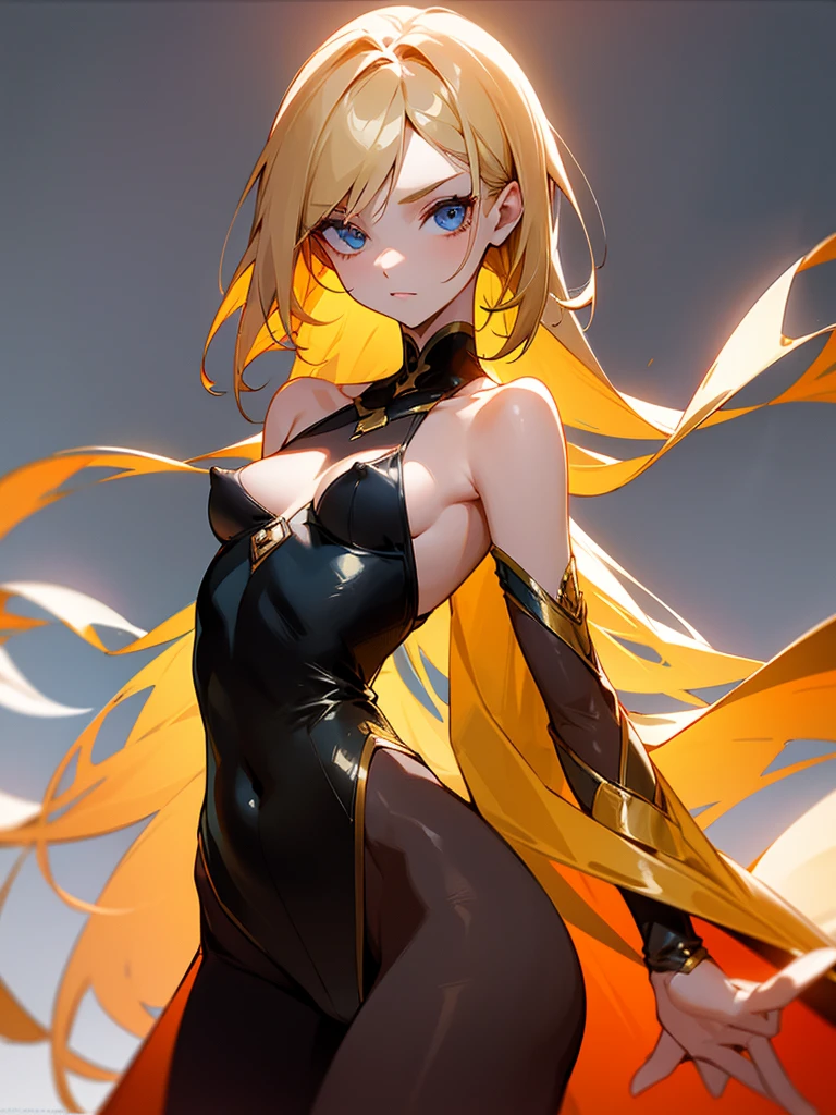 A slender female figure of small stature, with shoulder-length hair, perhaps an interesting color such as red or bright blond.. Her facial features are soft and attractive, with lively eyes that exude confidence and charm. She may have an attractive and mysterious character. She wears thin threads that expose her entire body in order to show off her attractiveness and femininity.. It exposes the nipple and vagina