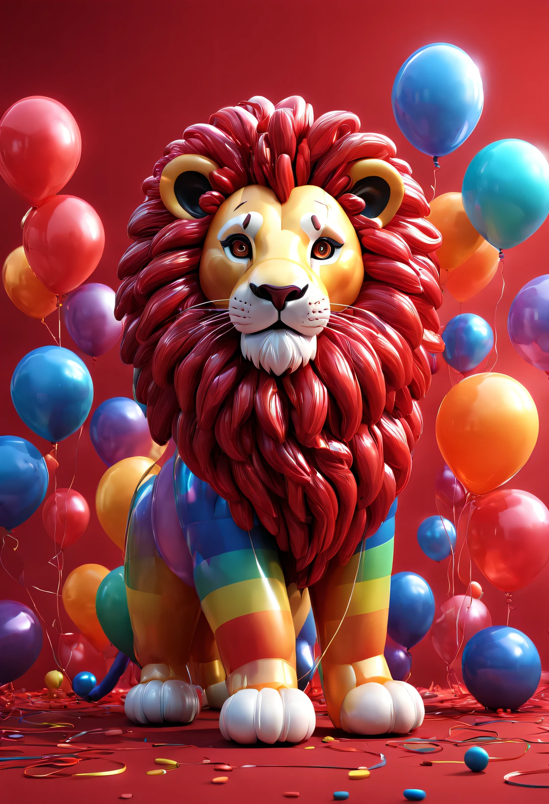 （balloon art design），（Balloon animal design），（Lion made from many colorful balloons）, Super detailed lion texture，Clean common areas，Complex and gorgeous CG style, hyper detailed 3d render,, c4d, Rendered by Octane, Blander, 8K, k hd，com mascot，Holographic red background