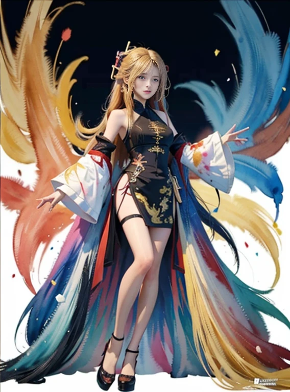 Solo, Qianyue Xue, Full body, yellow hair, (masterpiece, top quality, highest quality, official art, beautiful aesthetics: 1.2), (1 girl: 1.3), long hair, extreme, colorful, supreme detail, (watercolor: 1.3), opticamics, playful patterns, vibrant textures, rich colors, unique visual effects