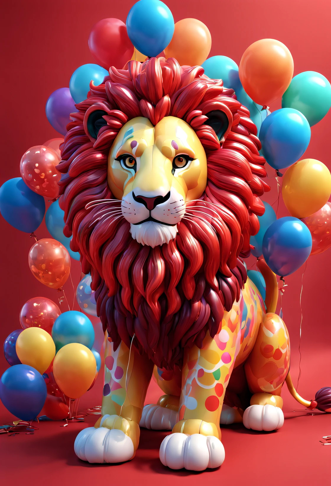 （balloon art design），（Lion made of red and white balloons）, intricate balloon art，Beautiful lion shape，Complex and gorgeous CG style, 3D, ultra - detailed, c4d, Octagon rendering, Blander, 8K, k hd，Mascot 3D model, 3D ultra-detailed, Behance 3D Art Trends,