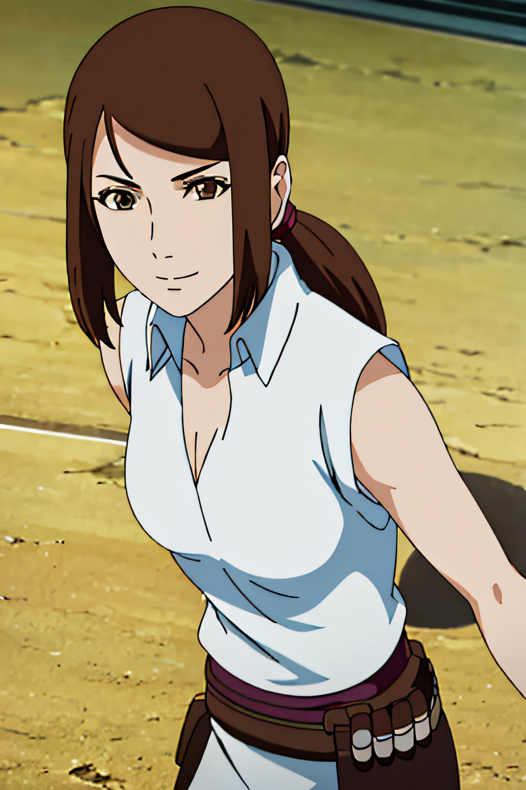 AMENO, SHORT HAIR, BROWN HAIR, (BROWN EYES:1.3), (SWEPT BANGS:1.5), PONYTAIL, CLEAVAGE, SHIRT, WHITESHIRT, COLLARED SHIRT, SLEEVELESS, BIKE SHORTS, 1girl, solo, facing viewer, looking at viewer, upper body, smile