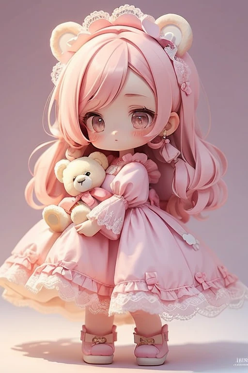 girl with,teddy bears,Pink color,Lace dress,Background color,full body Esbian