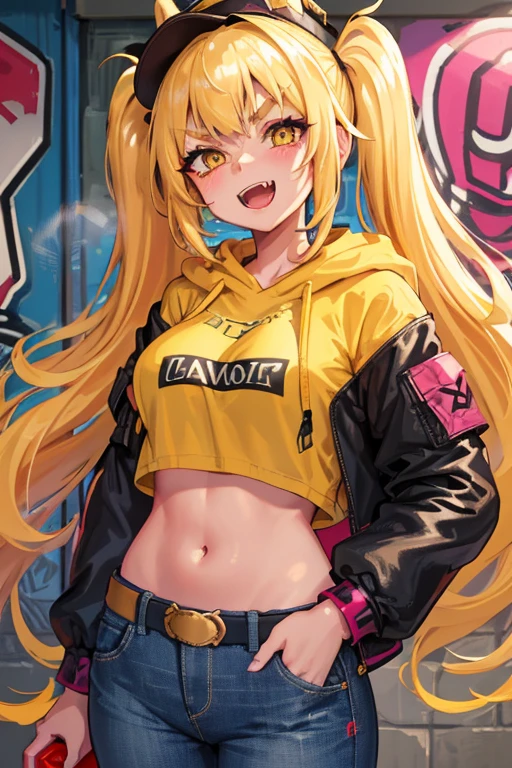Original Character, Volumetric Lighting, Best Shadows, Shallow Depth of Field, Portrait Of Stunningly Beautiful Girl, Petite, Delicate Beautiful Attractive Face With Alluring Yellow Eyes, Messy Painted Face, Sharp Eyebrows, Broadly Smiling, Open Mouth, Fangs Out, Lovely Medium Breasts, Layered Long Twintail Blond Hair, Blush Eyeshadow, Thick Eyelashes, Applejack Hat, Oversized Pop Jacket, Mini Underboob Tee, Open Navel, Slim Waist, Denim Jeans Pants, With Buckle Belt, In The Graffiti Alley, Waste Container, Outside Stairs, Outdoor Unit, Holding Spray Paint Can, Standing, (Highest Quality, Amazing Details:1.25), (Solo:1.3), Brilliant Colorful Paintings