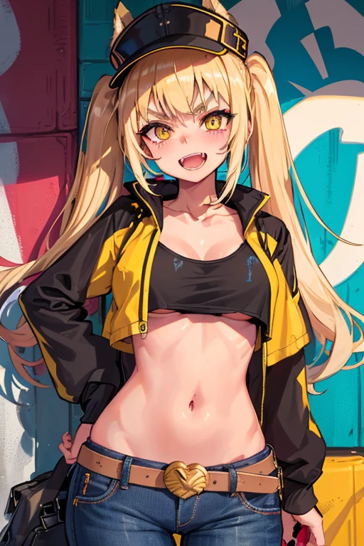 Original Character, Volumetric Lighting, Best Shadows, Shallow Depth of Field, Portrait Of Stunningly Beautiful Girl, Petite, Delicate Beautiful Attractive Face With Alluring Yellow Eyes, Messy Painted Face, Sharp Eyebrows, Broadly Smiling, Open Mouth, Fangs Out, Lovely Medium Breasts, Layered Long Twintail Blond Hair, Blush Eyeshadow, Thick Eyelashes, Applejack Hat, Oversized Pop Jacket, Mini Underboob Tee, Open Navel, Slim Waist, Denim Jeans Pants, With Buckle Belt, In The Graffiti Alley, Waste Container, Outside Stairs, Outdoor Unit, Holding Spray Paint Can, Standing, (Highest Quality, Amazing Details:1.25), (Solo:1.3), Brilliant Colorful Paintings