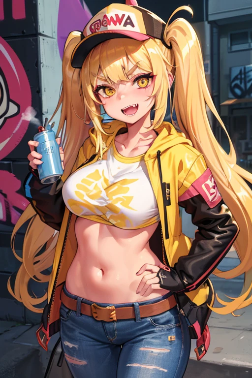 Original Character, Volumetric Lighting, Best Shadows, Shallow Depth of Field, Portrait Of Stunningly Beautiful Girl, Petite, Delicate Beautiful Attractive Face With Alluring Yellow Eyes, Messy Painted Face, Sharp Eyebrows, Broadly Smiling, Open Mouth, Fangs Out, Lovely Medium Breasts, Layered Long Twintail Blond Hair, Blush Eyeshadow, Thick Eyelashes, Applejack Hat, Oversized Pop Jacket, Mini Underboob Tee, Open Navel, Slim Waist, Denim Jeans Pants, With Buckle Belt, In The Graffiti Alley, Waste Container, Outside Stairs, Outdoor Unit, Holding Spray Paint Can, Standing, (Highest Quality, Amazing Details:1.25), (Solo:1.3), Brilliant Colorful Paintings