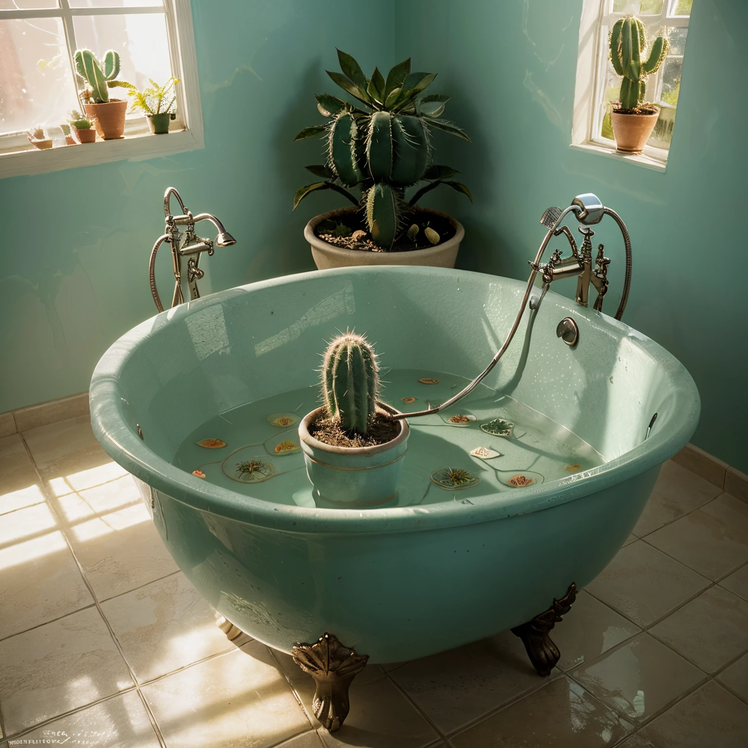 (a cactus grows in the bathtub, abstract, surrealism), (best quality, ultra-detailed), vibrant colors, dreamy lighting, intricate details, artistic rendering, ethereal atmosphere, delicate petals, prickly thorns, juxtaposition, whimsical interpretation