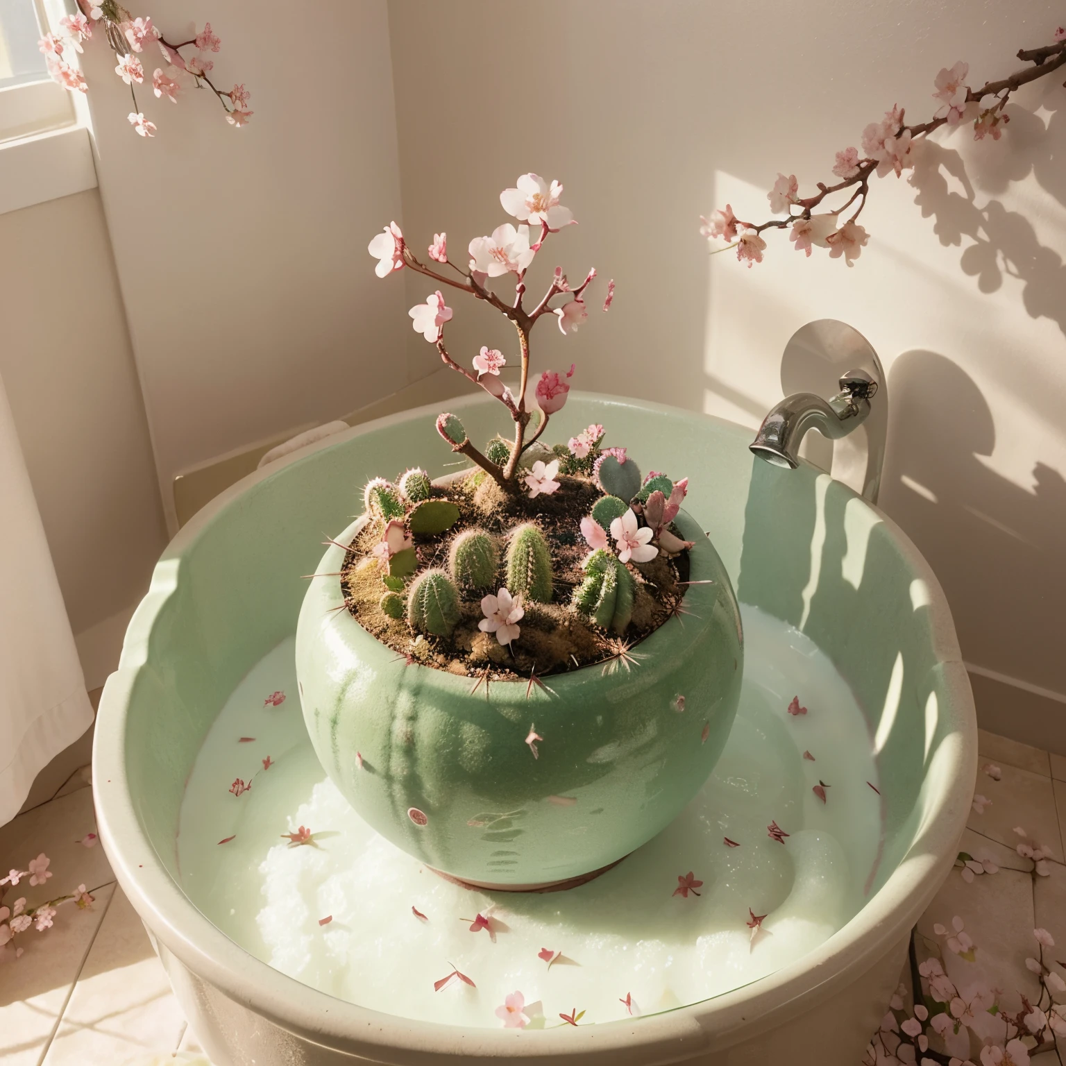 (a cherry blossom cactus grows in the bathtub, abstract, surrealism), (best quality, ultra-detailed), vibrant colors, dreamy lighting, intricate details, artistic rendering, ethereal atmosphere, delicate petals, prickly thorns, juxtaposition, whimsical interpretation