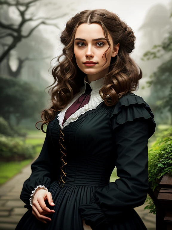 medium portrait of a couple in love, 1 handsome strong Victorian gentleman and his 20 year old gentle girlfriend, In British Victorian riding clothes......., Cute women; gown, delicate skin, Dark chestnut, straight, Medium Hair;, Detailed, perfect emerald green almond shaped eyes., perfect sensual and full lips, Similarities to Scarlett Ohara, Sunny Victorian mansion garden background, digitalpainting, Concept art portrait in 4k resolution by Greg Rutkowski, artgerm, WLOP,