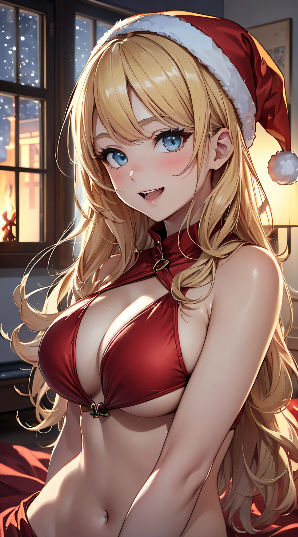 top-quality、Top image quality、masterpiece、s girl((red bikini santa、18year old、teenr、Best Bust、big bast,Beautiful light blue eyes、Breasts wide open, a blond、A slender,Large valleys、dye one's cheeks red、Reflecting the whole body、Laugh、dance、red cloak)),hiquality、Beautiful Art、Background with((My room at night、Christmas Wind、Stove、Red carpet on the floor、fireplace、Christmas tree、Red bed、Kotatsu)))、masutepiece、depth of fields,