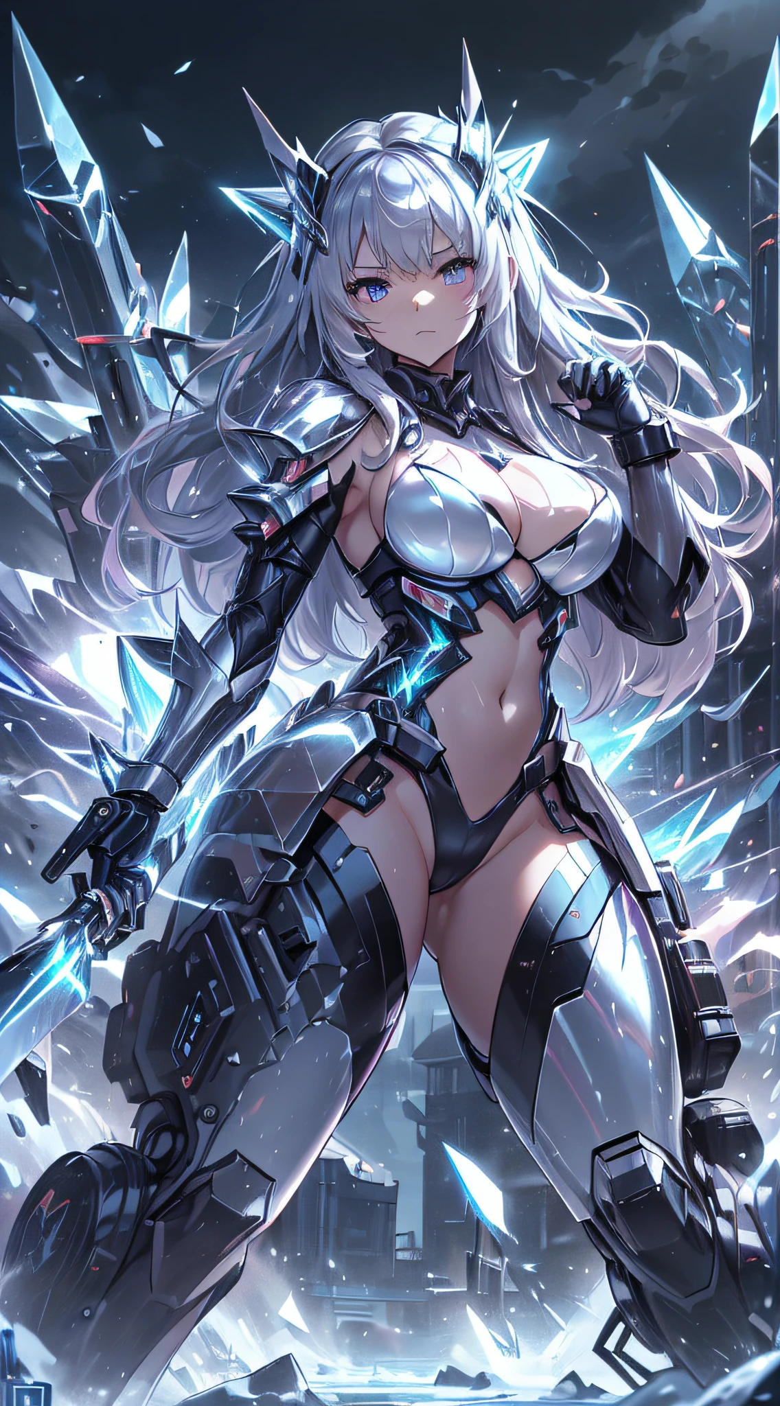 top-quality、Top image quality、​masterpiece、girl with((black and white mecha suit、Glowing mech suit、18year old、teen ager、cute little、Best Bust、big bast,Beautiful shining purple eyes、Breasts wide open, Messy silver hair、Longhaire、A slender,Large valleys、belligerent movements,sharp claws、he has a long knife in his right hand.、he has a short knife in his left hand.、head phone、fighting poses、Serious face、splatters、Feeling of sprinting)),hiquality、Beautiful Art、Background with((Midwinter world、Oyuki、snow blowing、Crystal Tower)))、,masutepiece、depth of fields,Cinematic style