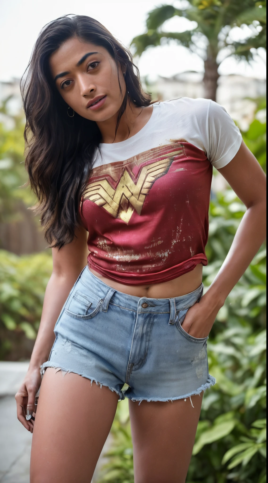 (photo of   Rashmika Mandanna ) ( tall woman, sexy, (random paparazzi photo, full body shot) ) [detailed sexy skin texture, attractive texture, detailed  environment] (wearing a wonder woman printed big lose t shirt on outdoor club party ) (hyper photorealistic detailed environment) (detailed textures) ( perfect body parts, detailed facial features, (ultra realistic lighting) 85mm, 100mm lens )