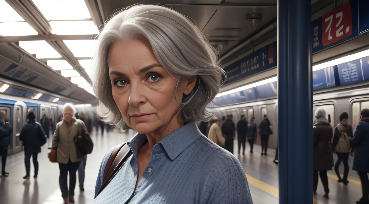 60-year-old woman with gray hair, seductive gaze, a bunch of hair on top, old gray hair, elderly stranger in the subway, awkward situation, many people, train arrived, subway, sexy summer clothes, blue eyes, a lot of wrinkles on her face, old woman, old body with wrinkles, detailed wrinkles (Old women in Europe)proper eye position,cinematic light, , soft light,detailed background, clear background, highly detail, 8k, ultra detailed background, detailed background, showing full body, full body, full body visible, perfect visible background, solo, small breasts,