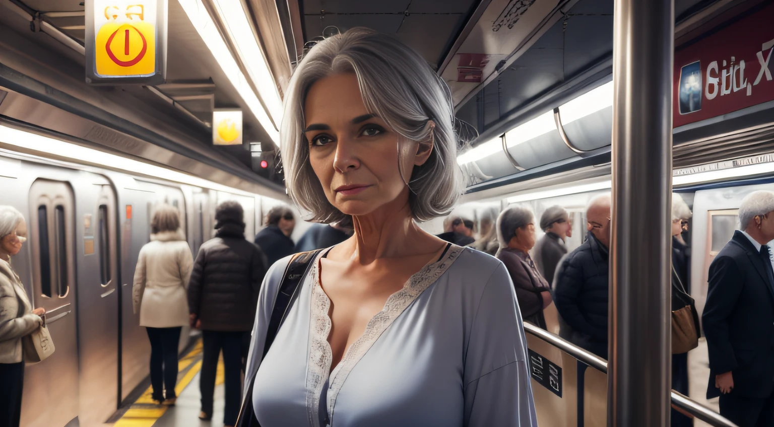 60-year-old woman with gray hair, seductive gaze, a bunch of hair on top, old gray hair, elderly stranger in the subway, awkward situation, many people, train arrived, subway, sexy summer clothes, blue eyes, a lot of wrinkles on her face, old woman, old body with wrinkles, detailed wrinkles (Old women in Europe)proper eye position,cinematic light, , soft light,detailed background, clear background, highly detail, 8k, ultra detailed background, detailed background, showing full body, full body, full body visible, perfect visible background, solo, small breasts,