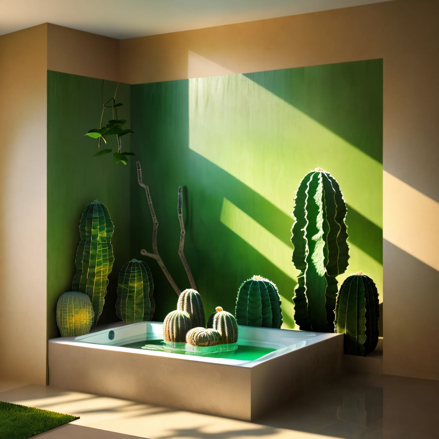 (best quality,4k,8k,highres,masterpiece:1.2),ultra-detailed,(realistic,photorealistic,photo-realistic:1.37),3D rendering of a cactus in a bath.
In this masterpiece, the cactus takes center stage, situated in a luxurious bath. The cactus is exquisitely detailed, with each thorn and ridge perfectly defined. Its unique texture and vibrant green color captivate the viewer's attention, bringing the plant to life.
The bath itself is meticulously crafted using 3D rendering techniques, showcasing intricate details such as the porcelain material and the elegant design. The water in the bath is depicted with mesmerizing realism, reflecting the environment and capturing the play of light.
To further enhance the visual experience, professional studio lighting illuminates the scene, casting soft shadows and highlighting the shape and structure of the cactus and the bath. HDR technology enhances the dynamic range of the image, resulting in vivid colors and a sense of depth.
The overall color palette for this artwork is inspired by nature, with warm earth tones dominating the scene. The bath and the cactus are bathed in soft, natural lighting, creating a soothing and serene atmosphere. The attention to color and lighting contributes to the realistic appearance of the image, blurring the line between reality and art.
This prompt aims to create a stunning visual representation of a cactus in a bath, combining the realism of 3D rendering with the artistic interpretation of a masterpiece.