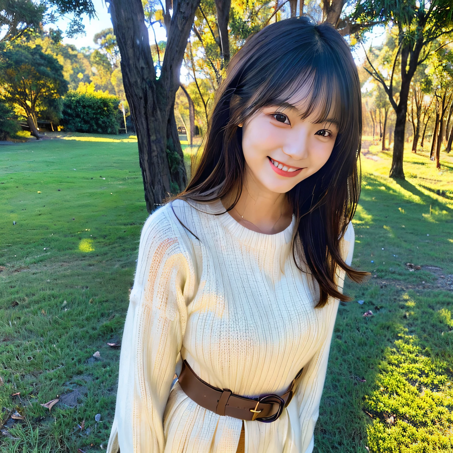 (Photoreal: 1.4), (Image enhancement: 1.4), ( Top quality real skins: 1.4), 20-year-old, asian girl, warm sweater, tights, australian forest scene, smile, standing, night time, hands in sleeves, full body