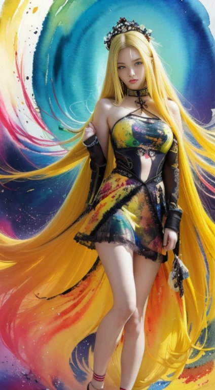 Solo, Qianyue Xue, Full body, yellow hair, (masterpiece, top quality, highest quality, official art, beautiful aesthetics: 1.2), (1 girl: 1.3), long hair, extreme, colorful, supreme detail, (watercolor: 1.3), opticamics, playful patterns, vibrant textures, rich colors, unique visual effects