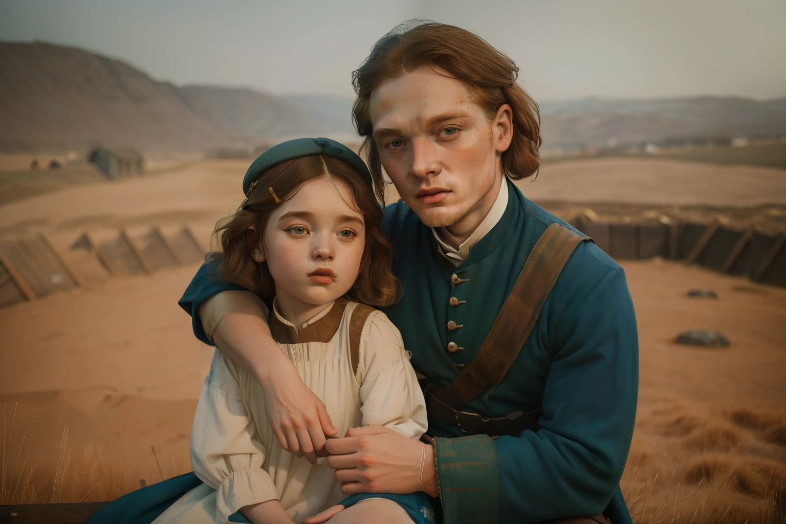 1135, England. pre-raphaelite scene with an otherworldly outdoors construction site, 36-year-old Sam Heughan, hugging a little girl, look of relief, ((((poor tunic from the 12th century)))), ((Hairstyle of the 12th century)), ((Wes Anderson cinematic style)), colorful