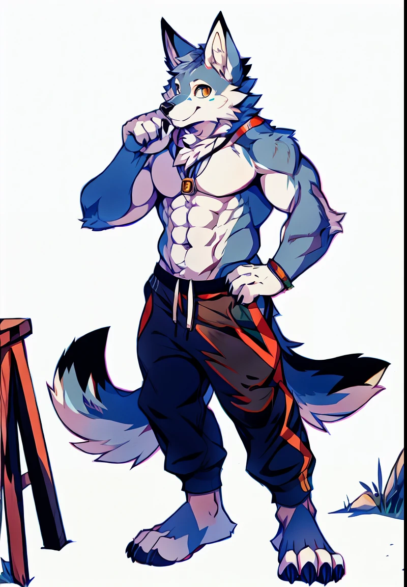 Human-wolf,musculous,Full Body Furry,paws with claws,pass upright,The upper body is naked,Short sweatpants,towns