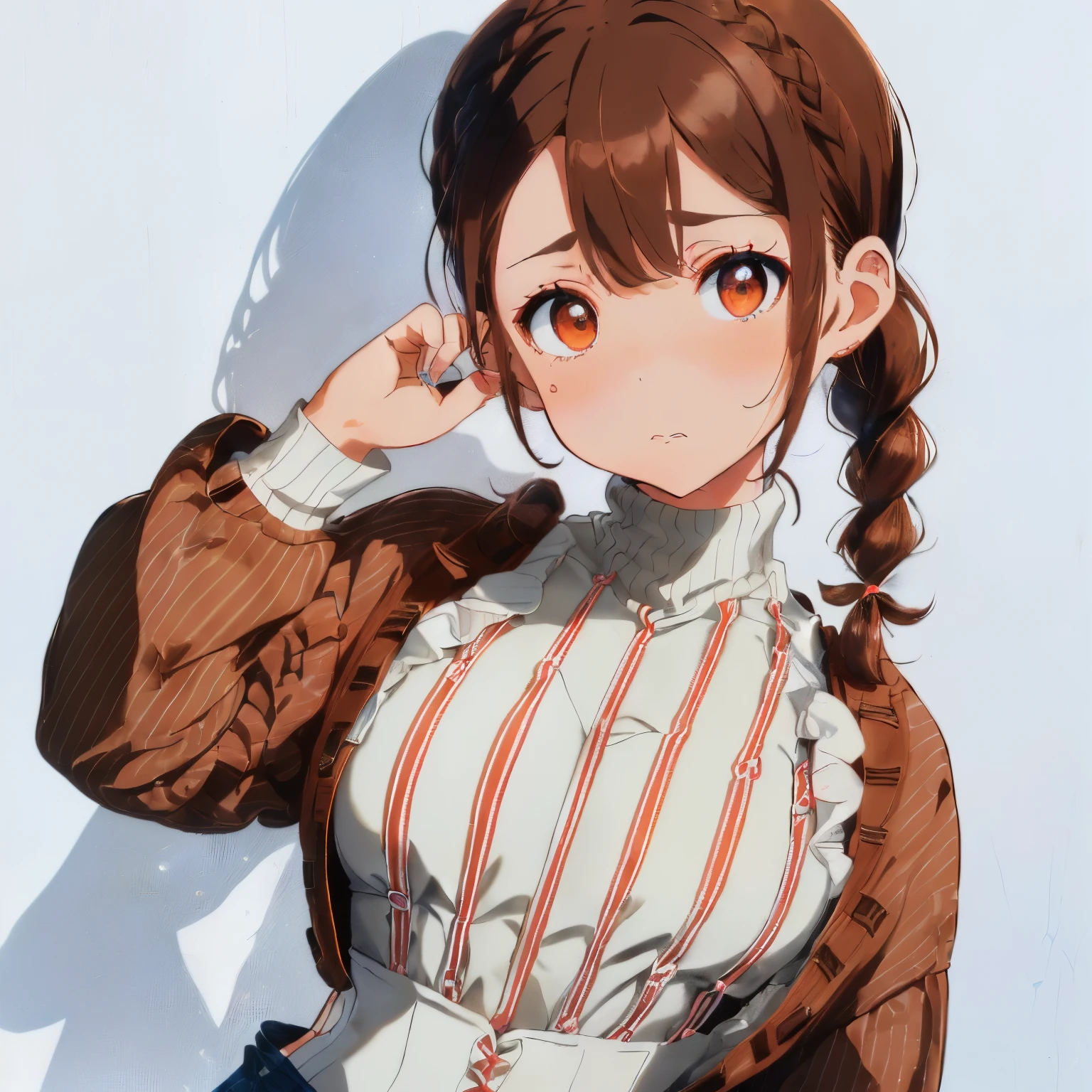 ((Brown hair)),((Braided shorthair)),((pigtails)),((With bangs)),((Brown eyes)),((Sorry pose with hands in front of face)),(Apologies),(Troubled face),Slight red tide,((Long sleeve shirt with multiple layers of gathers)),((blue and white striped shirt)),(((Turtleneck innerwear made of white sheer material))),((corsets)),(Black shorts),
