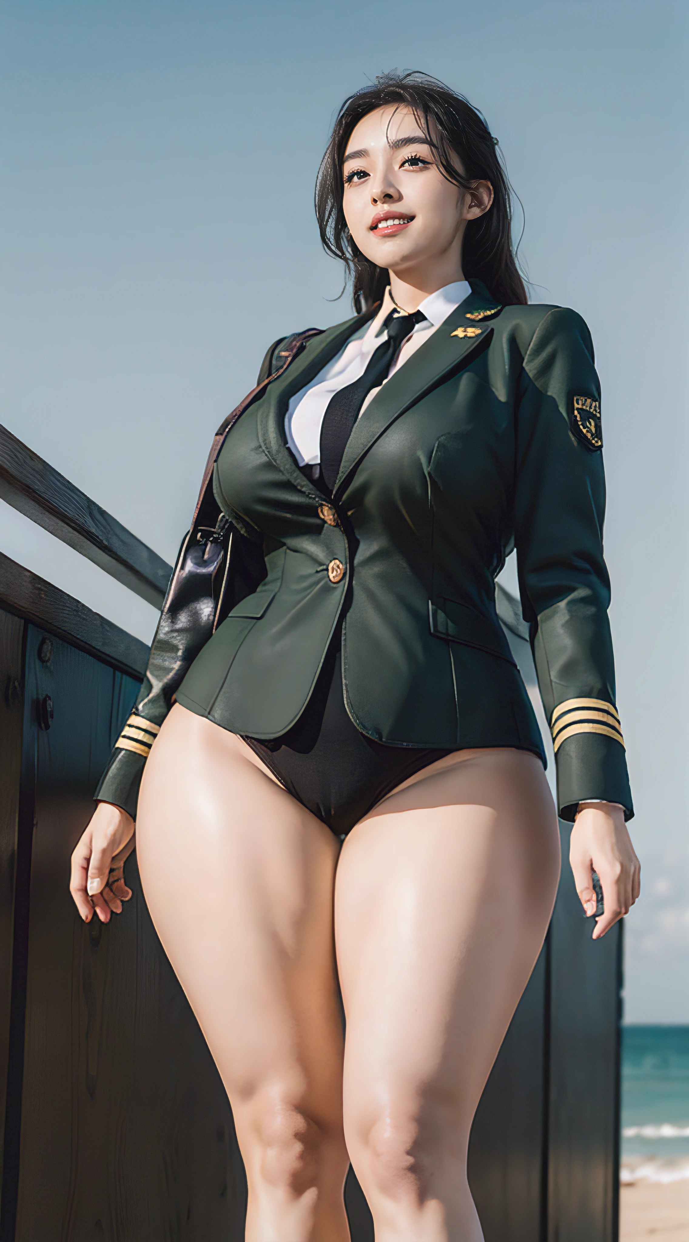 Usually detailed CG Unity 8K wallpaper，（tmasterpiece），（Best quality），（ultra - detailed），（ultra real photo），（best character detail：1.36），Nikon D750F / 1.4 55mm，RAW photogr，profesional lighting， physically-based renderingt, 1 plump girl, girl soldier，(Dark green military uniform，(Dark green military uniform)，buisness suit，Fabric texture military uniform, Perfect military calm)，(Wear a plain white shirt under the jacket:1.25)，(black necktie)，((Black panty,))，Bareleged，Plump legs，black hair color hair，(military hat，Large wavy curls，Do not tie your hair，Short hair details，Twist braids)，the golden ratio,[:(Have a delicate face:1.2):0.2]:，pure love face_v1，thick bushy eyebrows，Wide shoulders,(gigantic cleavage breasts:1.55),(gigantic ass),(Plump thighs:1.45),(Wide crotch:1.55),(I look up from below:1.55)，((Place your finger to your mouth):1.4)，Close-up Shot Shot，((smiling with narrow eyes，Smile full of confidence，There is one by the sea):1.35)，(((Close-up of panties),Close-up of chest,facial closeups,Front view))，(Sunset sky，gentlesunlight，sunshine on face，(light shining on face)，blue-sky，Sunny smile，light glow)，white teeth，(looking at me)，(((thicc, bbw sauce, thick tight, Wide hips, Buttocks swell crazily,🐎🍑) )，azur lane style)，high-heels，