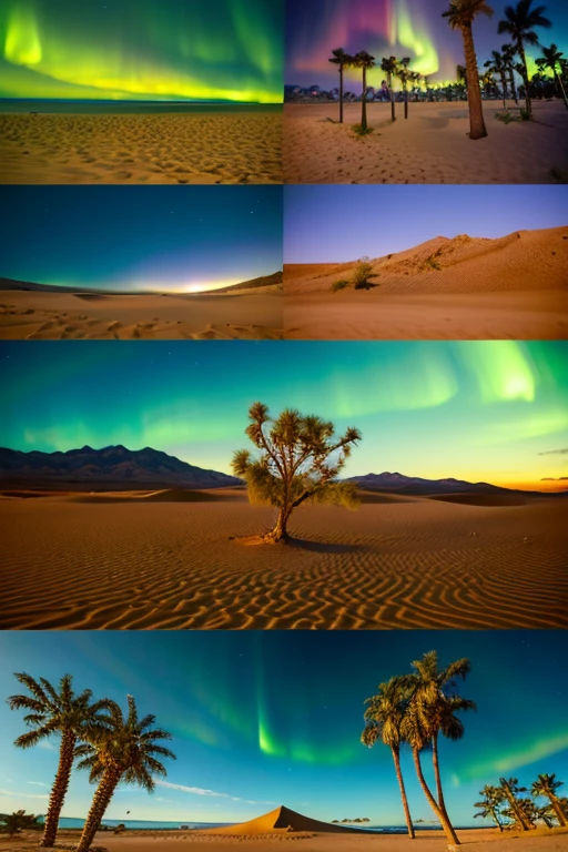 high-level image quality、Realistic、A small desert to the right of the middle of a large lake、a palm tree on the desert、The aurora spreads across the clear morning sky、There are no people、A camel, a border collie, and a labrador retriever are sleeping together in a corner.