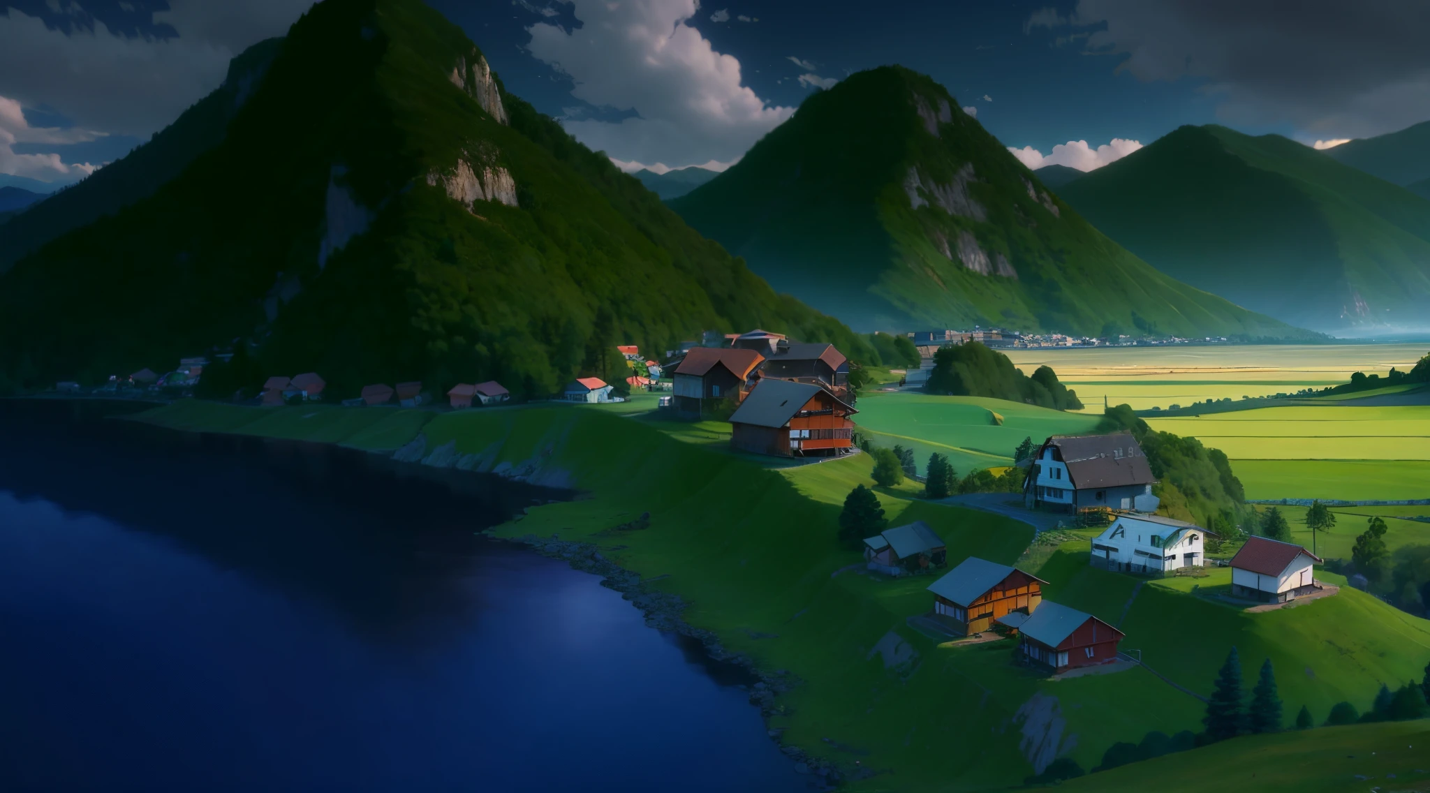 anime, anime background, 4k anime background, 4k detailed, a village on the sea coast with green mountains and rice fields, in the foreground, anime landscape, hills and mountains, distant villagescape, some mountains in the background, mountainous area, hills in the background, distant village background, landscape - scenery, hills and ocean, flowing hills, mountainscape, mountains in a background, moutains, mountains and lakes, detailed landscape, mountains and rivers, anime, anime background, 4k anime background, 4k detailed,