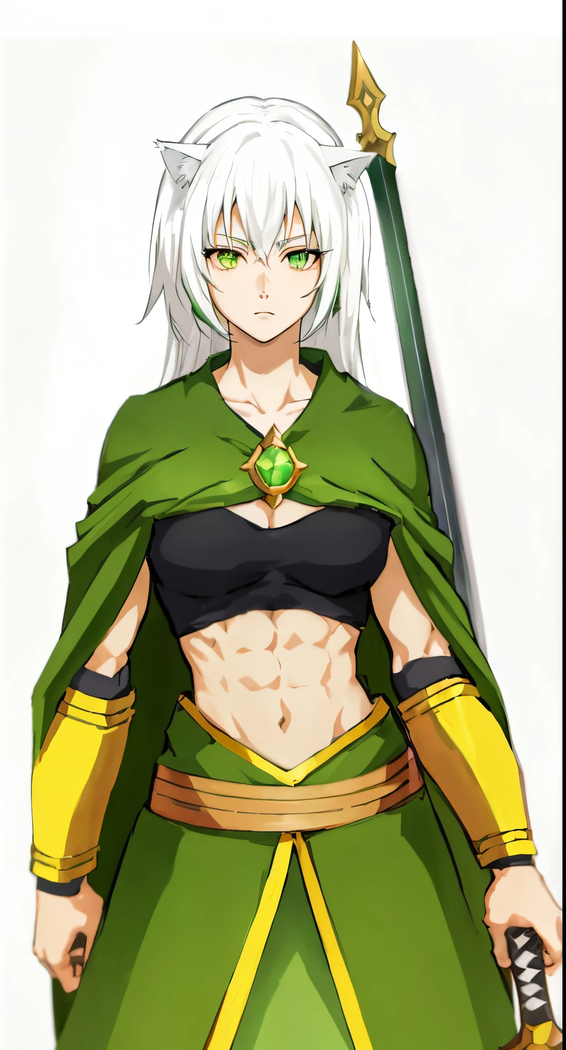 Anime white long hair with cat ear muscular woman with a sword and a green cape,