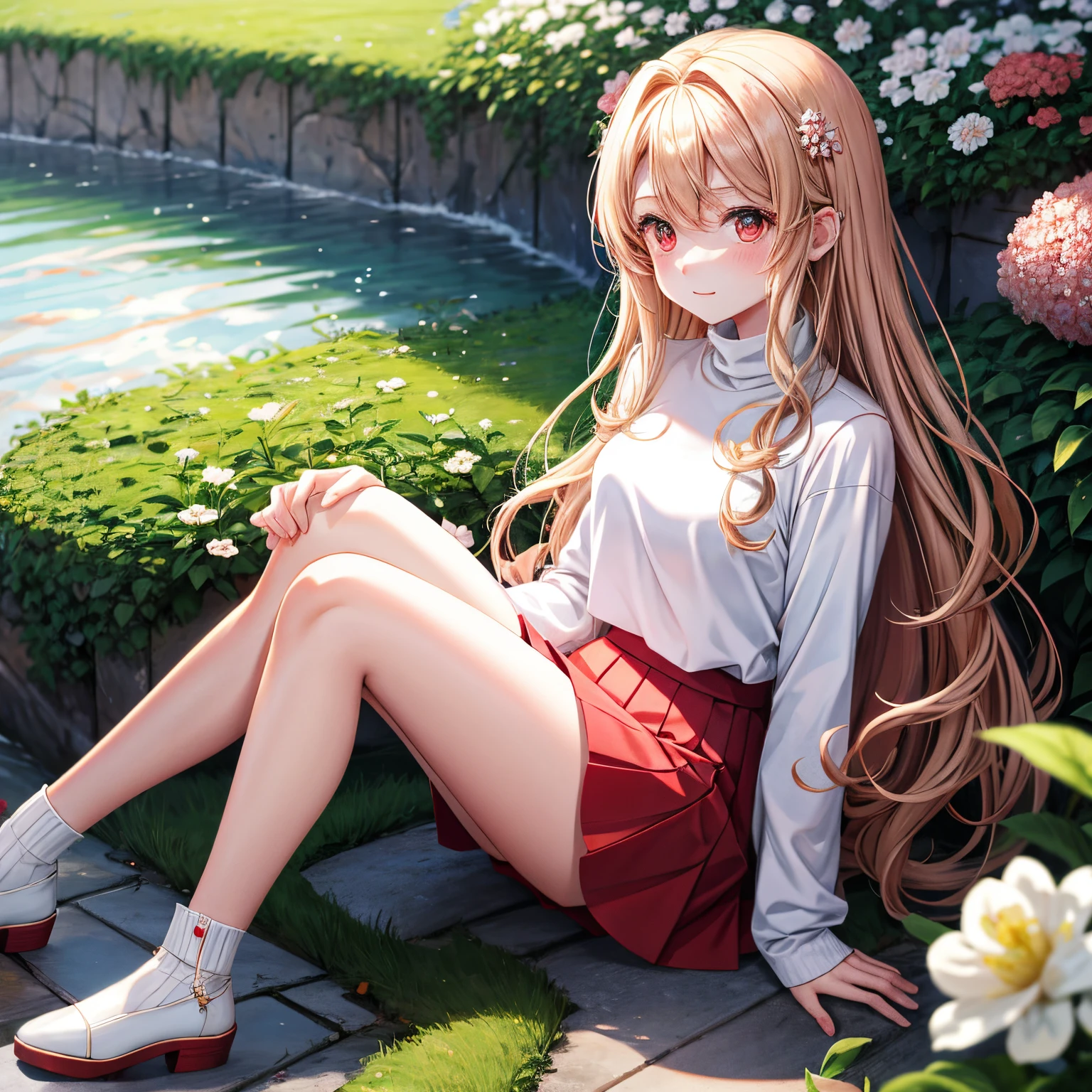 masterpiece, Highest quality, 8k wallpaper, Very detailed, A girl about 12 years old, Golden Hair, Long Hair, fine grain、(Red Skirt)、 White dress shirt,(Red flower hair ornament),dark、Light blue eyes、Expressionless、Full body photography、Dark Taste、Sitting on a big rock