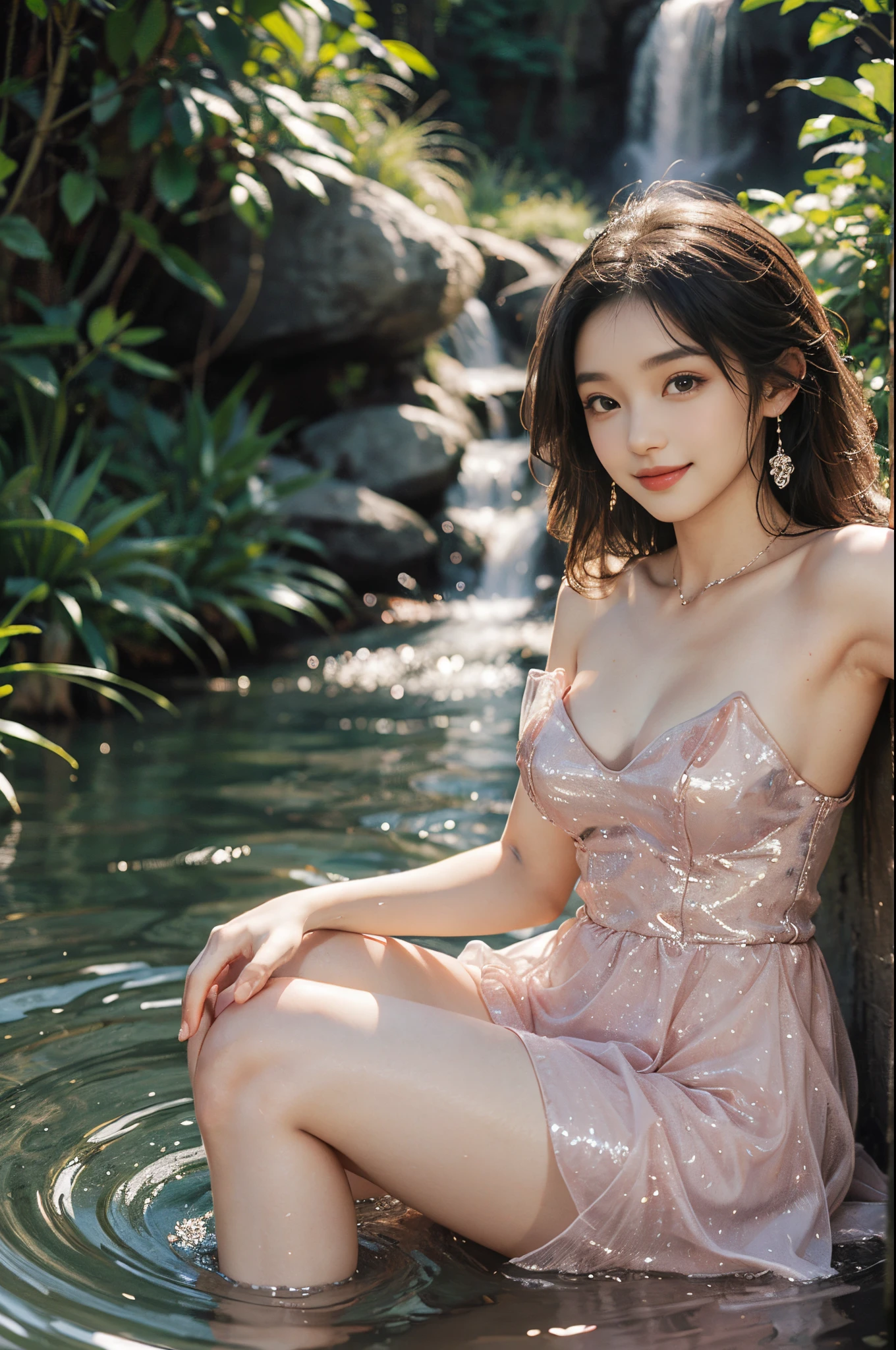 dress,(knee shot),Pretty girl, young female model, Sweet maiden, rios, Rochas, waterfallr, Play in the river, posing elegantly, Taking photos in random poses, Shoot at random angles, tmasterpiece, best qualtiy, Extremely detailed description, Ultra-fine painting, delicated face, slim toned body,grin, Hefty Smile