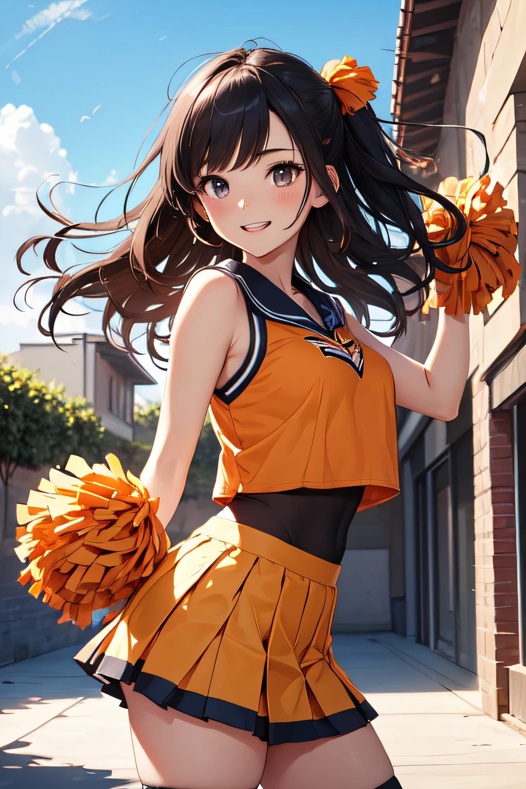 very cute and beautiful cheerleader girl,(highly detailed beautiful face and eyes:1.2),(holding pom poms:1.2),(laugh),
(stadium stands),cowboy shot,dynamic pose,zettai ryouiki,(sleeveless orange shirt),beautiful legs,white panties,dynamic angle,black hair,
(best quality,masterpiece:1.2),intricate details,extremely detailed,ultra-detailed,highres,looking at viewer,
natural lighting,hair fluttering in the wind,beautiful detailed sky,(realistic),