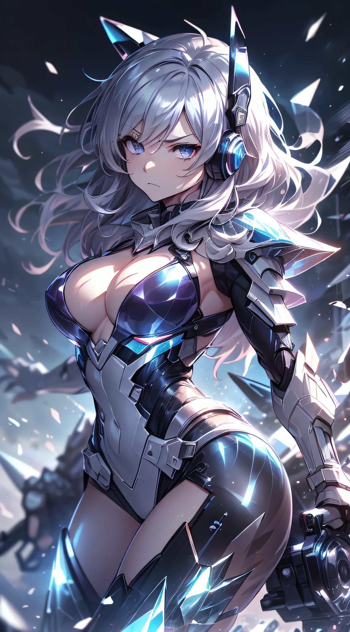 top-quality、Top image quality、​masterpiece、girl with((black and white mecha suit、Glowing mech suit、18year old、r、cute little、Best Bust、big bast,Beautiful shining purple eyes、Breasts wide open, Messy silver hair、Longhaire、A slender,Large valleys、belligerent movements,sharp claws、he has a long knife in his right hand.、he has a short knife in his left hand.、head phone、fighting poses、Serious face、splatters、Feeling of sprinting)),hiquality、Beautiful Art、Background with((Midwinter world、Oyuki、snow blowing、Crystal Tower)))、,masutepiece、depth of fields,Cinematic style