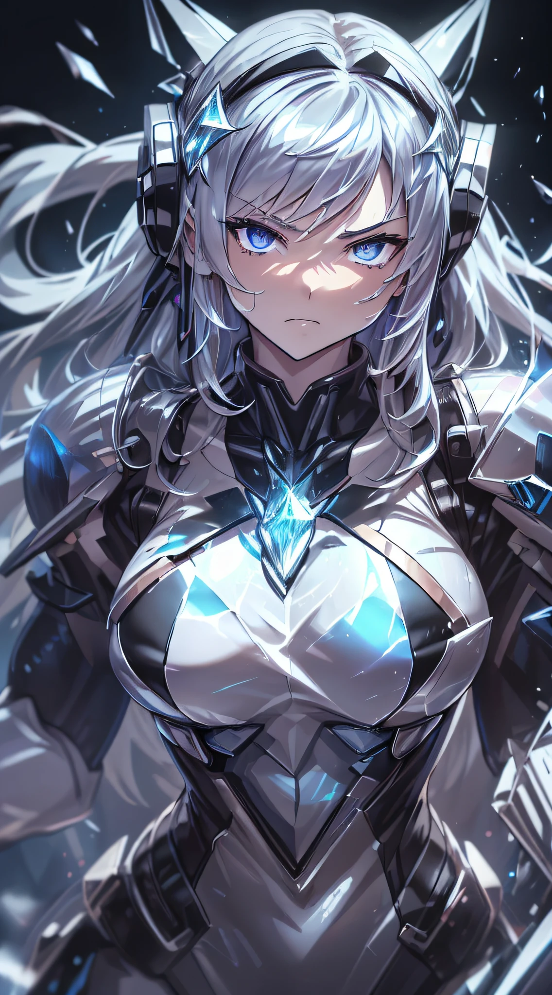 top-quality、Top image quality、​masterpiece、girl with((black and white mecha suit、Glowing mech suit、18year old、teen ager、cute little、Best Bust、big bast,Beautiful shining purple eyes、Breasts wide open, Messy silver hair、Longhaire、A slender,Large valleys、belligerent movements,sharp claws、he has a long knife in his right hand.、he has a short knife in his left hand.、head phone、fighting poses、Serious face、splatters、Feeling of sprinting)),hiquality、Beautiful Art、Background with((Midwinter world、Oyuki、snow blowing、Crystal Tower)))、,masutepiece、depth of fields,Cinematic style