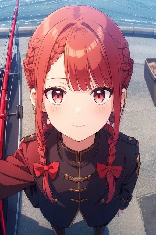 full bodyesbian, fluffy hair,Red hair,(((Fishing eyes))), Layered Bob, (((Braided shorthair))), ((asymmetrical length pigtails)), ((Keep your hair down)), Slightly red tide,Gold eyes,Black military uniform, Staring at me, Smile with a kind face, dark apartment late at night,Brown boots, ((close up of face))),((Perspective from above)),((Please open the front of your coat and let me see...........)),