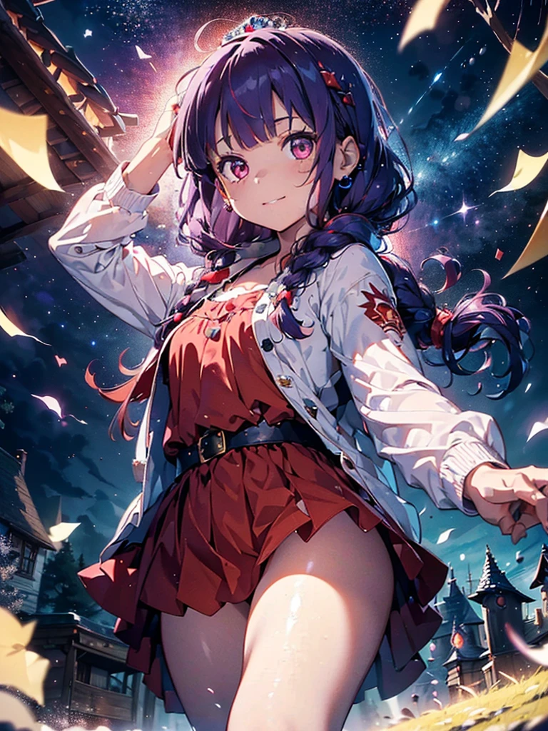 ((((Princess of Moonberg)))), ((1little girl)), 13years, ((drooing eyes)),(((deep purple hair))), ((Blunt bangs)), (Fluffy long hair), (single braids), (Deep red eyes), Pearl earrings,
((((red hood)))), (Lotto emblem on the hood), (((Red Stall))),  ((White robe with red edging)),  
Holding a magic wand in her left hand, fireball,
masutepiece, Best Quality, (the Extremely Detailed CG Unity 8K Wallpapers), (Best Quality), (Best Illustrations), (Best Shadows), (((Particle effect))), Isometric 3D, Octane Rendering, Ray tracing, super detailed,smile