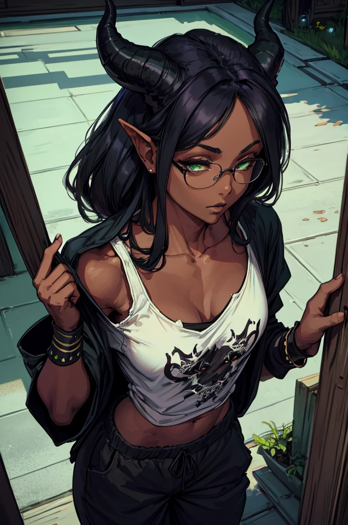 (Masterpiece) (High Detail) (High Res) (Black Skin) Looking from above A young black humanoid FutEred with dark skin and ebony flesh and green eyes and short black hair and goat ears and short dark goat horns and a toned teen body and small to average breasts dressed like a nerdy punk wearing a loose t-shirt and sweatpants and glasses