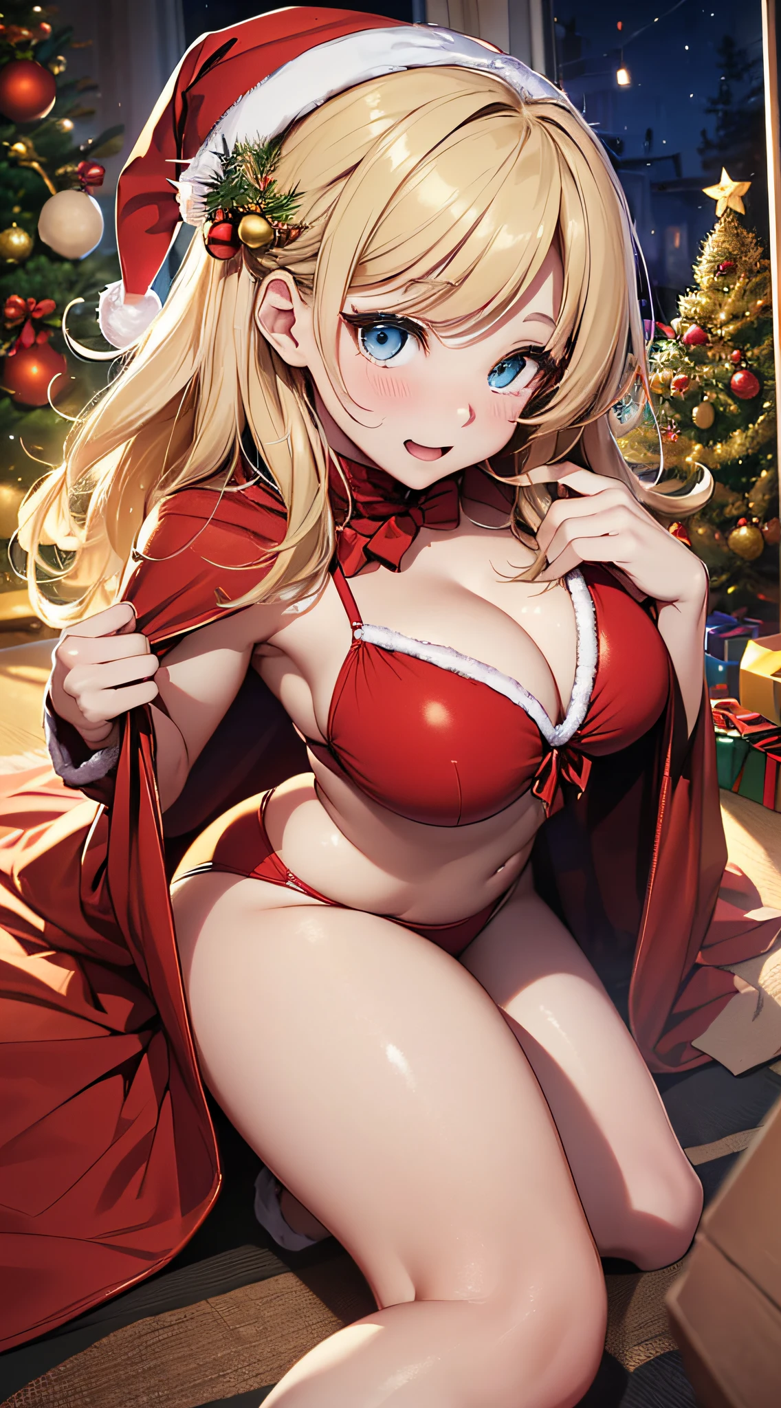 top-quality、Top image quality、​masterpiece、teens girl((red bikini santa、18year old、teen ager、Best Bust、big bast,Beautiful light blue eyes、Breasts wide open, a blond、A slender,Large valleys、dye one's cheeks red、Reflecting the whole body、Laugh、dance、red cloak、Shy face、embarassed face、Physical education sitting)),hiquality、Beautiful Art、Background with((My room at night、Christmas Wind、Stove、Red carpet on the floor、fireplace、Christmas tree、Red bed、Kotatsu)))、masutepiece、depth of fields,