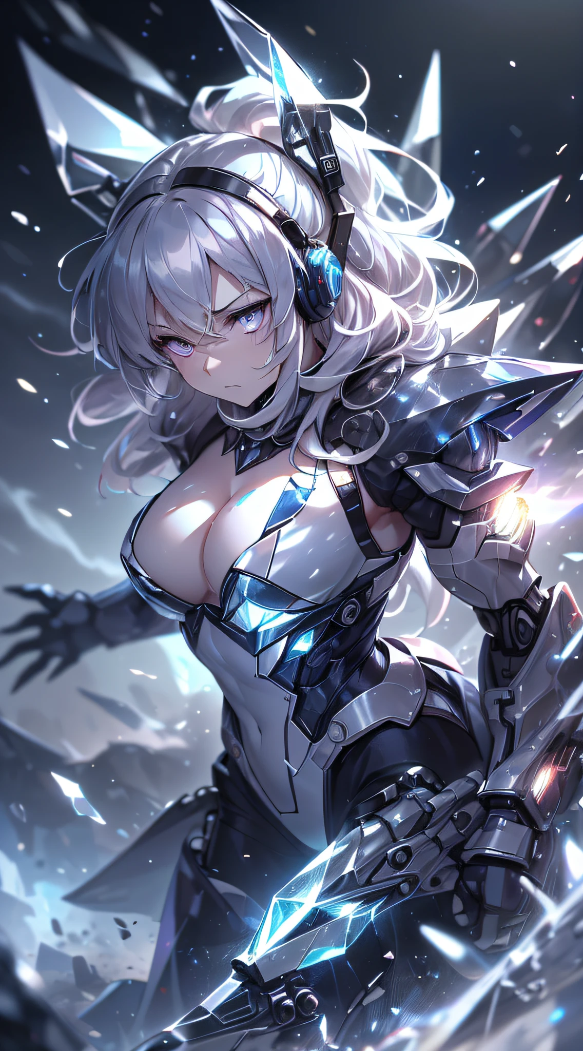 top-quality、Top image quality、masterpiece、girl with((black and white mecha suit、Glowing mech suit、18year old、 ager、cute little、Best Bust、big bast,Beautiful shining purple eyes、Breasts wide open, Messy silver hair、Longhaire、A slender,Large valleys、belligerent movements,sharp claws、he has a long knife in his right hand.、he has a short knife in his left hand.、head phone、fighting poses、Lonely face、splatters、Feeling of sprinting)),hiquality、Beautiful Art、Background with((Midwinter world、Oyuki、snow blowing、Crystal Tower)))、,masutepiece、depth of fields,Cinematic style
