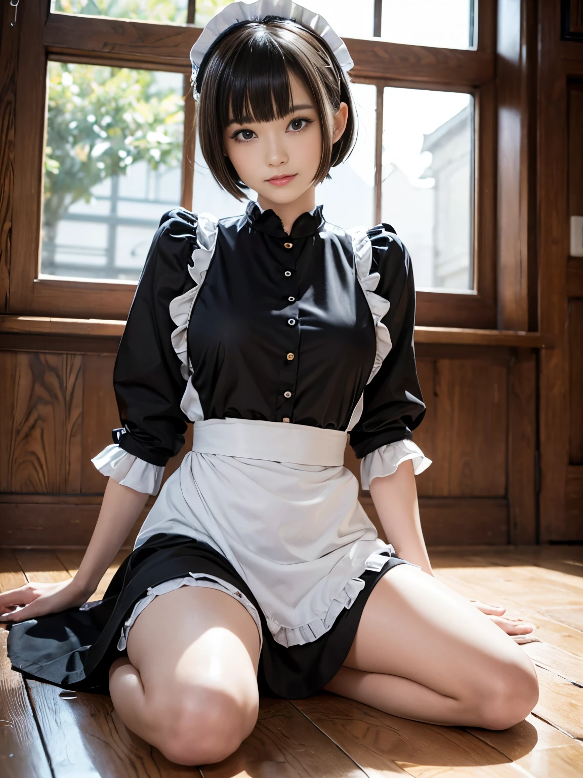 ​masterpiece、ultra-detailliert、8K、Awesome、Shorthair with bangs、Black Maid Outfit、Maid Cafe、smil、Sitting upright on the floor、Open legs