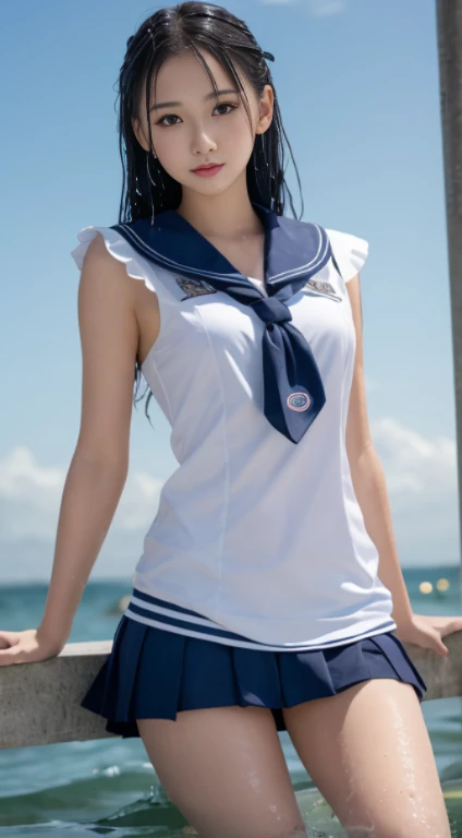 sailor suit, wet, girl, exquisite, wallpaper, 8K, pretty, exquisite
