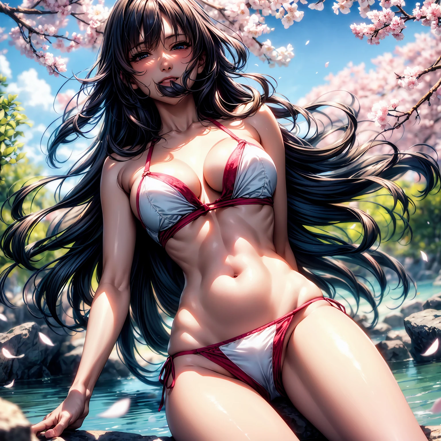 (top-quality、masterpiece、very high res、Ultra High Image Quality1.5)、A woman of perfect and ultimate beauty(18 years old 1.5)、Realistic portraits、Beautiful with a slender body shape(F Cup 1.5)、Beautiful body、美丽的面容、Beautiful hair、Realistic textured skin and、Wearing a bikini swimsuit、Bikinis come with colors and patterns、Bright smile、Hair flutters under the influence of the wind、Open-air bath with beautiful cherry blossoms、Mysterious hot springs、Beautiful Landscapes、(accurate detail、the detailed images、Accurate images、Perfect Image 1.5)、、beautiful anime woman, Beautiful Art Style, an animated character、The whole picture、Detailed picture、accurate anatomy、Defect-free images、natural soft light、beautiful image、extremely detailed picture、(Best Shot 1.2)