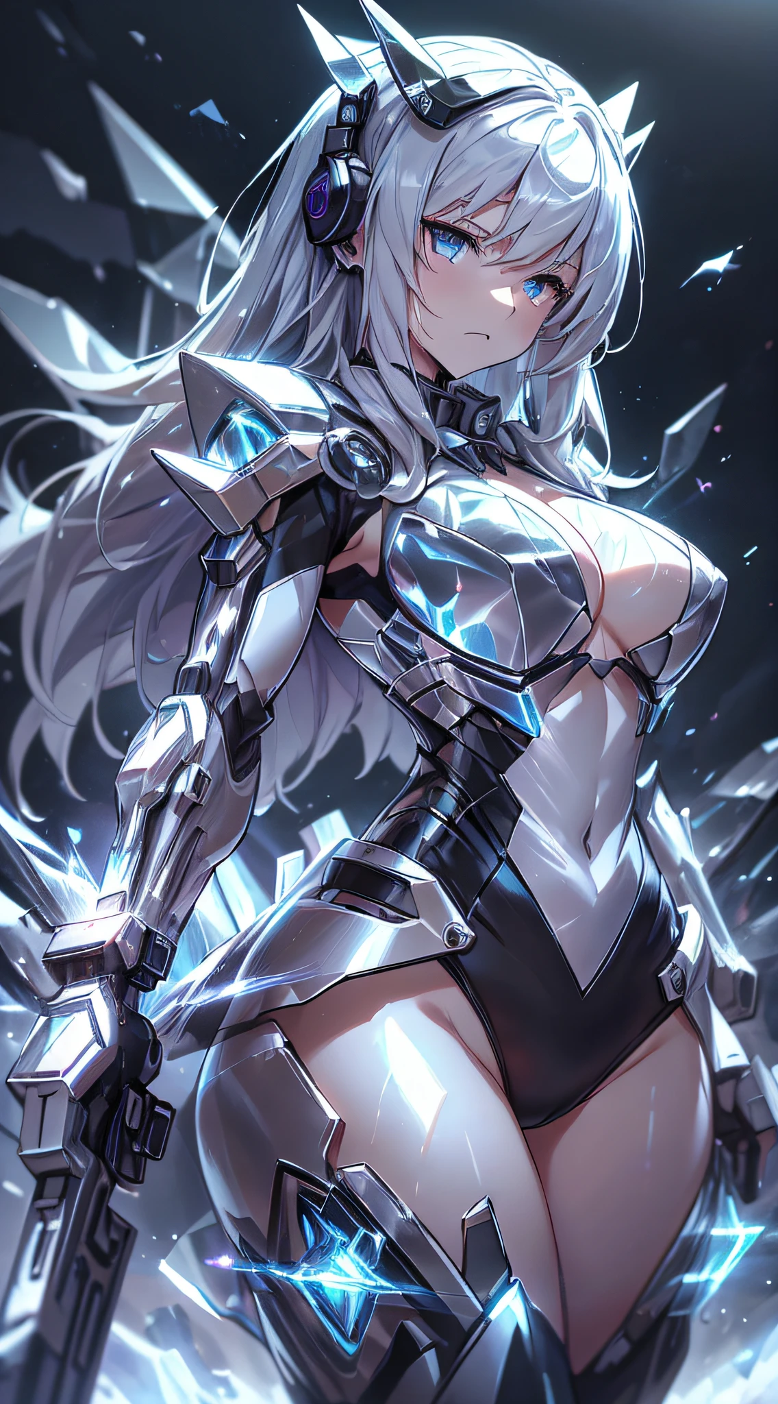 top-quality、Top image quality、masterpiece、girl with((black and white mecha suit、Glowing mech suit、18year old、 ager、cute little、Best Bust、big bast,Beautiful shining purple eyes、Breasts wide open, Messy silver hair、Longhaire、A slender,Large valleys、belligerent movements,sharp claws、he has a long knife in his right hand.、he has a short knife in his left hand.、head phone、fighting poses、Lonely face、splatters、Feeling of sprinting)),hiquality、Beautiful Art、Background with((Midwinter world、Oyuki、snow blowing、Crystal Tower)))、,masutepiece、depth of fields,Cinematic style