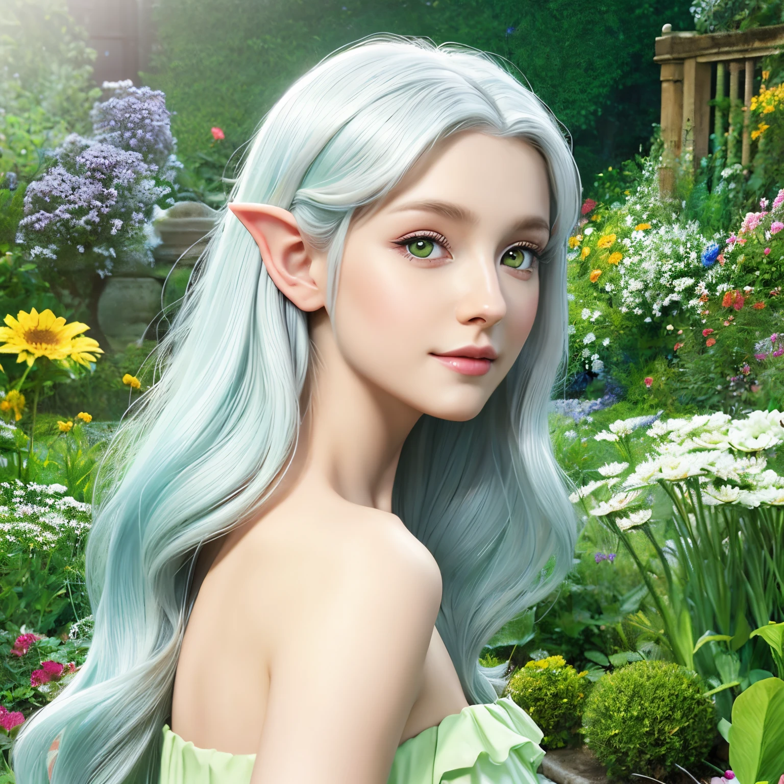 beautiful  Girl, Dolce, full bodyesbian,White hair,Green eyes,elf-ears,​masterpiece,Flowing hair,length hair,winged,A slight smil,dress simple,Being in a flower garden,goddes,2D Beautiful Girl,illustratio,high-level image quality,mystical,Pointed ears,Little girl,Comics,quadratic element,Grass god