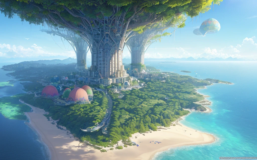 Many islands are suspended in the air,Many blimps flying around, 城市, fanciful, The growth of magical plants, Extreme detail, realistic raytraicing, Epic work, (Complicated details), (Complex design, hyper-detailing :1.2), art stations, (tmasterpiece, Best quality at best), hyper HD, 32k --v 6