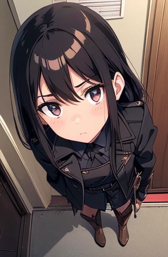 full body Esbian, (((Brown boots))), (((rapier in right hand))), Straight hair, long, Black hair, ((Keep your hair down)), Slightly red tide,Dark eyes,Black military uniform, Staring at me, deadpan, dark apartment late at night, ((In front of the front door of an old apartment)),((black long trench coat)),swollen face,A face that looks like it's turned away,(((close up of face))),((Perspective from above)),((Please open the front of your coat and let me see...............)),