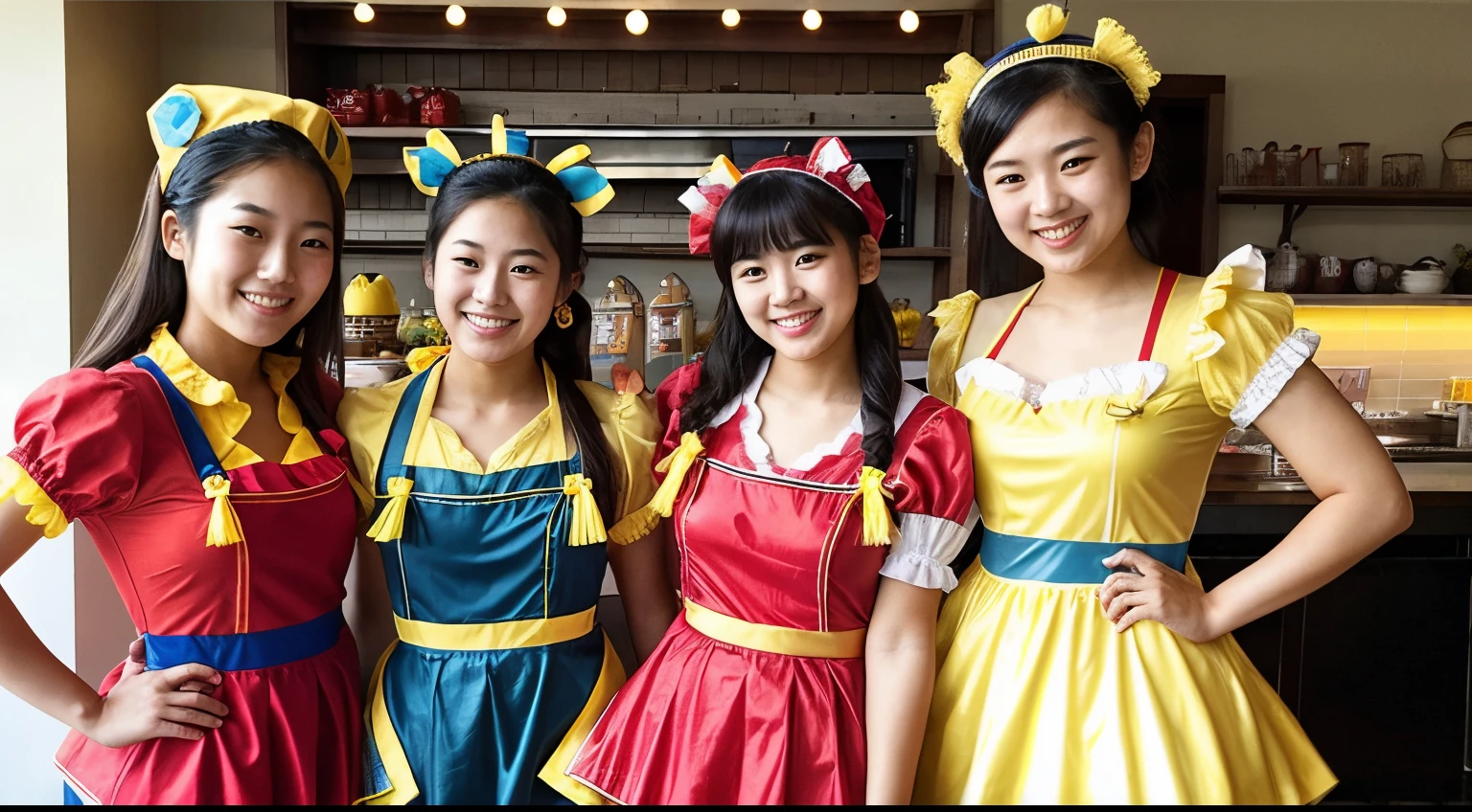 Instagram photo, Group photo of beautiful teen japanese woman, cute face, (((wearing red, blue, and yellow maid costume))), happy face, hard shadows, cinematic shot, dramatic lighting, in cafe