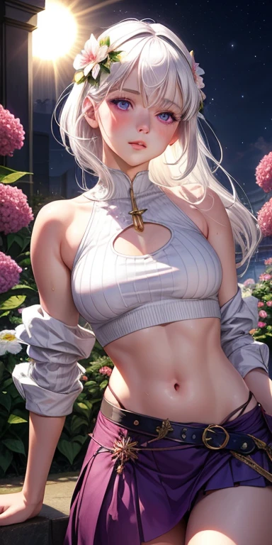 realistic, 1girl, white hair, purple eyes, glowing eyes, crop top, skirt, parted lips, blush, night, flowers, sun, sunlight,