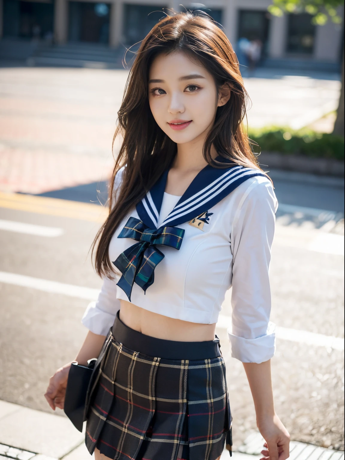 ((((top-quality))))、(((Ultra Precision CG16K Wallpapers)))、(((​masterpiece)))、(((ultra-detailliert)))、(((Ultra-extreme details)))、１Man Woman、Underage females、18yo woman、((Korean Face))、((extremely beautiful face))、((K-pop idol、HAERIN:1.5))、((Straight semi-long hair:1.3))、(shinny hair)、Bangs up to the eyebrows、Beautiful brown hair、Beautiful delicate eyes、Brown eyes、raised eyebrows、lofty nose、small nostrils、Small mouth、seductive lips、slightly open mouth、Beautiful breasts、C-cup size breasts、cleavage of the breast、Plump body、perfectly proportions、perfect anatomia、perfect-composition、beautiful detailed shading、Beautiful natural lighting、Beautiful detail glow、depth of fields、(((a high chroma)))、(((realisitic:1.9)))、((Vivid:1.4))、((Beautiful skin))、((Skin texture))、((Realistic skin feeling))、(((cowboy  shot:1.5)))、((Frontal angle:1.5))、((a smile:1.4))、(Eyes looking at me)、Bright sunshine、(((walk in the square:1.5)))、(Blur the background)、(((Japanese high school girl wearing uniform、Sailor suit wearing:1.5)))、(((Tartan check miniskirt clothing:1.5)))、