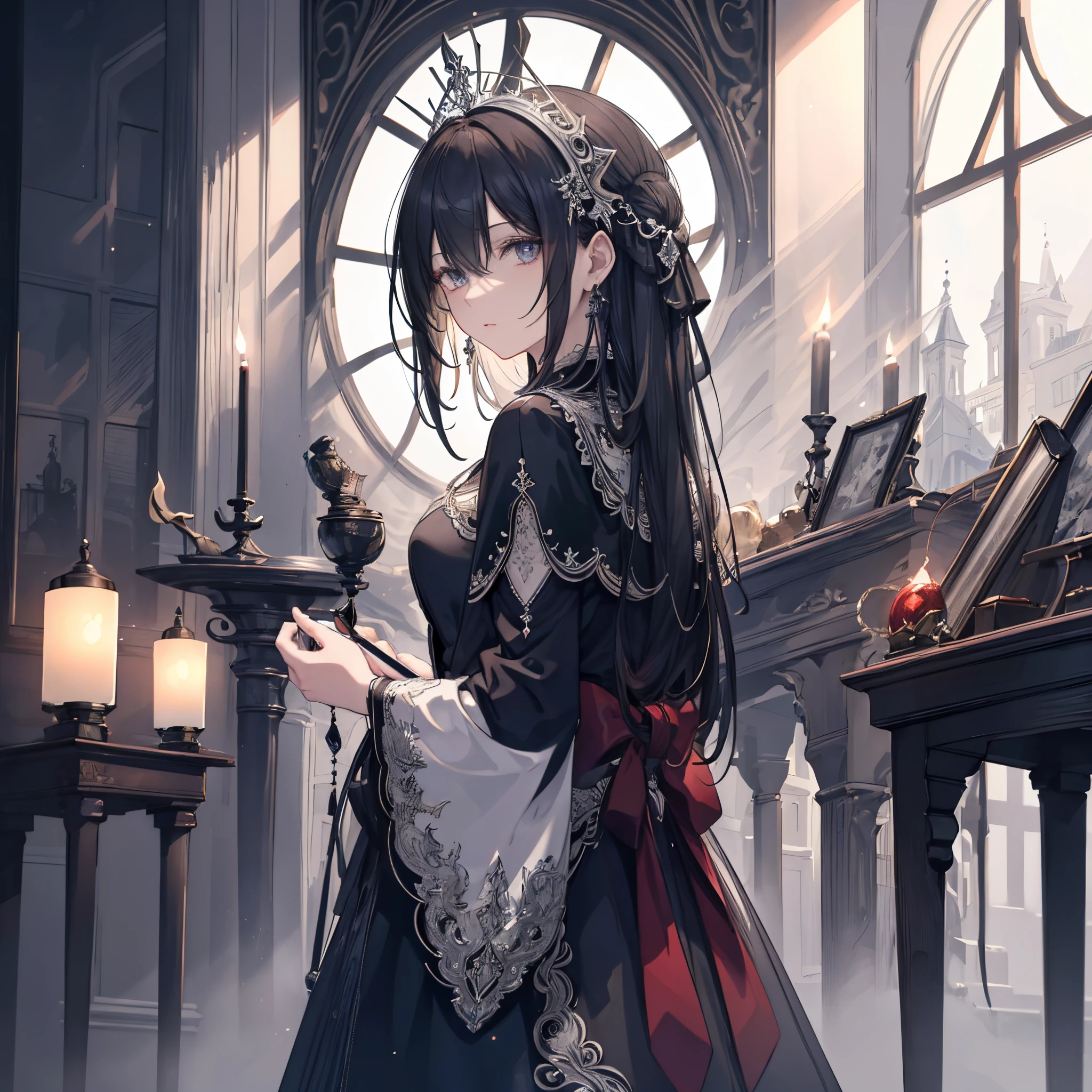 High definition RAW color art, Animation,sculptures, silver marble skin, (((Ultra detailed elegant))), Magical atmosphere, (Detailed skin, Texture (Intricately detailed, Fine detail, ultra-detailliert), deep red moonlight, depth of fields, Bokeh, silky touch, beautiful eyes, (darkness castle, Background with many saws), hyper detail, mat drawing, looking back, Kamimei, Monochrome background