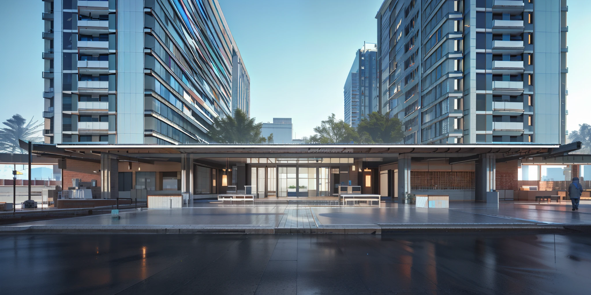 There is a building，There is a long table in the middle, 2022 wide angle exterior, high quality rendering, excellent 3d render, architectural 3d render, archviz, highly detailed render, building rendering, building rendering, high quality 3d render, high quality 3d render, highly detailed 3d render, highly detailed 3d render